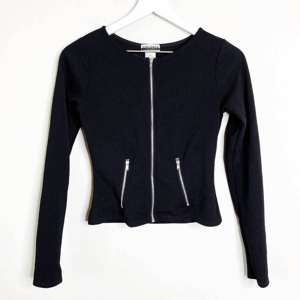 Contempo Casuals Black Textured Light Zip Cropped Jacket